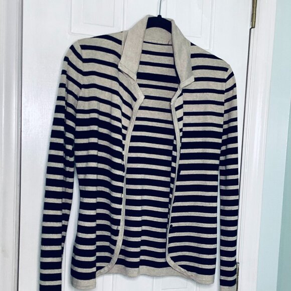 Cyrus Cozy Collared Cardigan Sweater Black + Oatmeal Striped Size Small - Picture 2 of 4